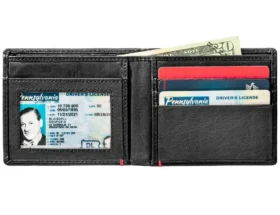 Cartera de cuero negro con diseño de placa metálica con calavera