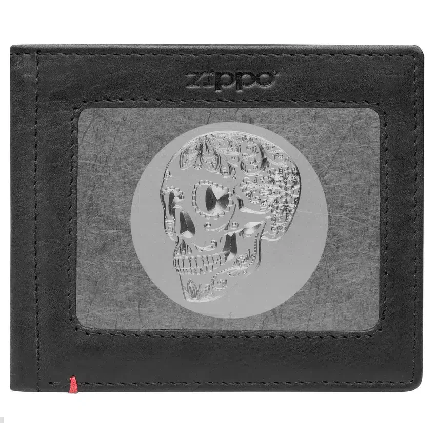 Cartera de cuero negro con diseño de placa metálica con calavera Cartera de cuero negro con diseño de placa metálica con calavera