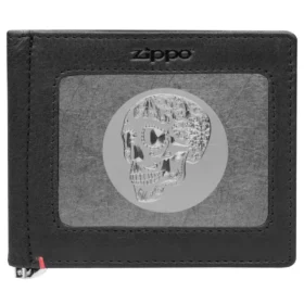 Cartera de cuero negro con diseño de placa metálica con calavera