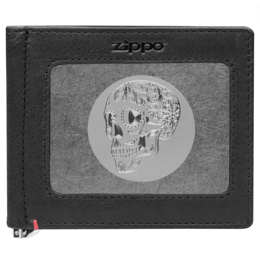 Cartera de cuero negro con diseño de placa metálica con calavera Cartera de cuero negro con diseño de placa metálica con calavera