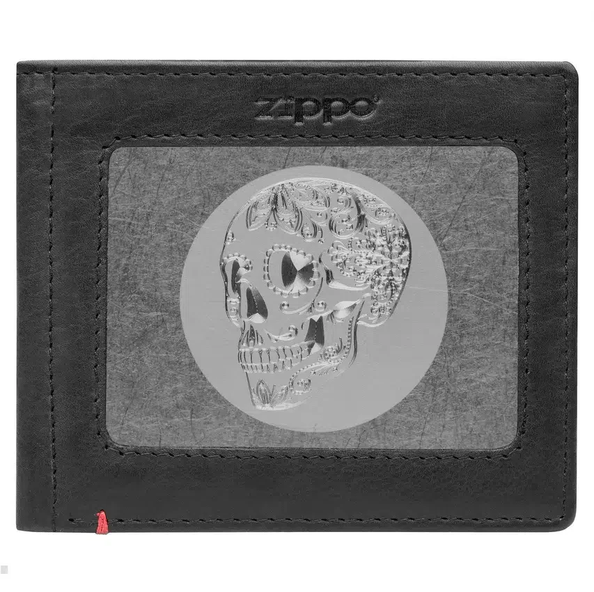 Cartera de cuero negro con diseño de placa metálica con calavera Cartera de cuero negro con diseño de placa metálica con calavera