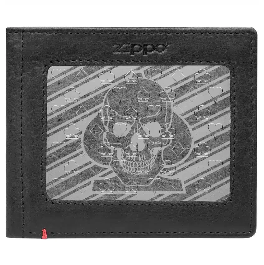 Cartera de cuero negro con diseño de placa metálica con calavera y pica Cartera de cuero negro con diseño de placa metálica con calavera y pica