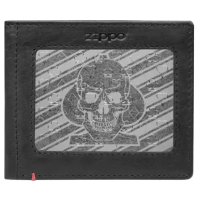 Cartera de cuero negro con diseño de placa metálica con calavera y pica Cartera de cuero negro con diseño de placa metálica con calavera y pica