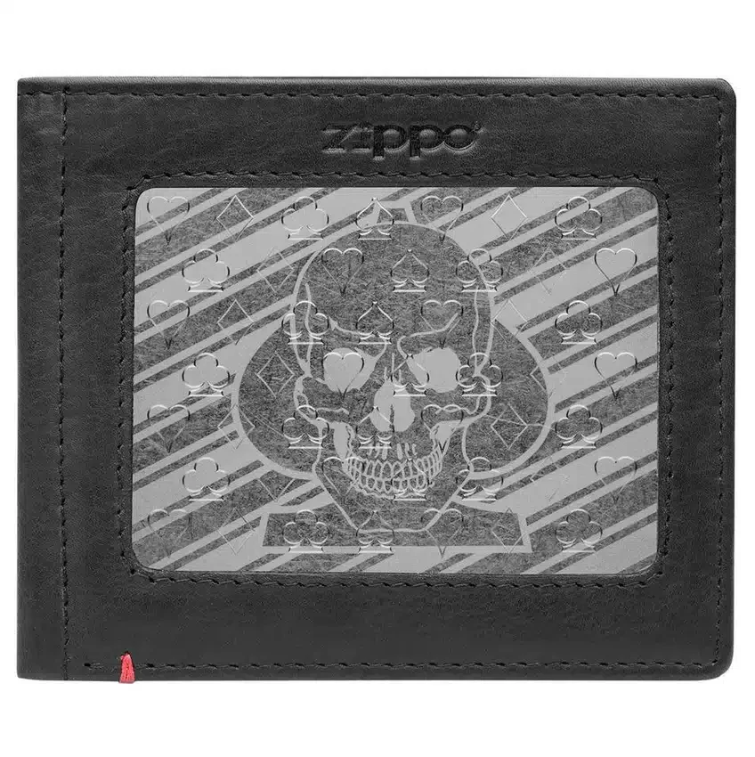 Cartera de cuero negro con diseño de placa metálica con calavera y pica Cartera de cuero negro con diseño de placa metálica con calavera y pica