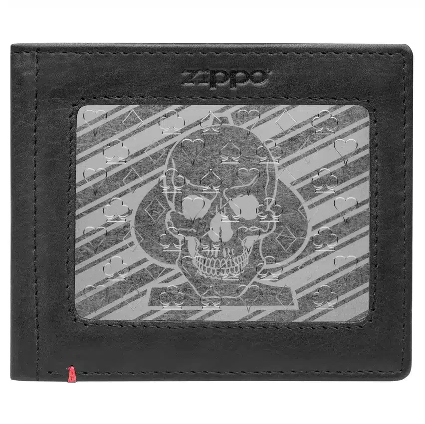 Cartera de cuero negro con diseño de placa metálica con calavera y pica Cartera de cuero negro con diseño de placa metálica con calavera y pica
