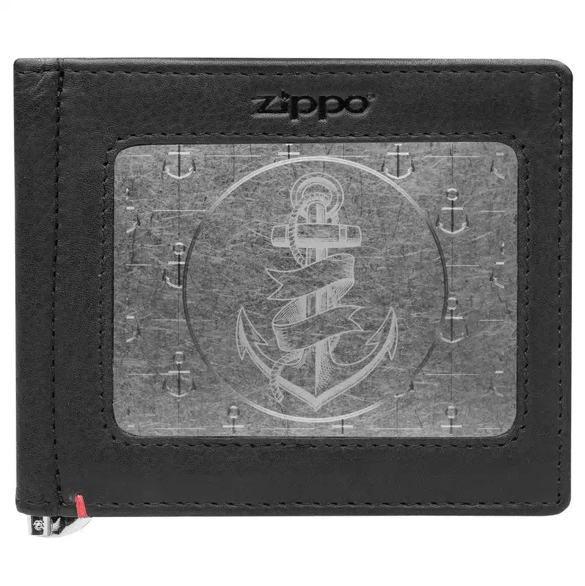 Cartera de cuero negro con diseño de placa metálica con forma de ancla Cartera de cuero negro con diseño de placa metálica con forma de ancla
