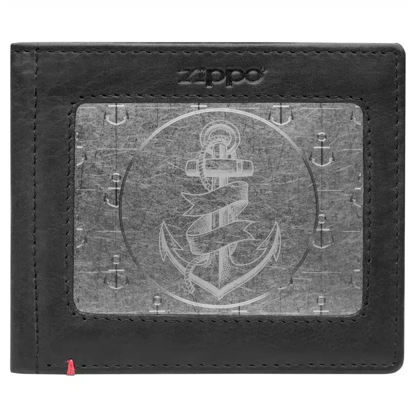 Cartera de cuero negro con diseño de placa metálica con forma de ancla Cartera de cuero negro con diseño de placa metálica con forma de ancla
