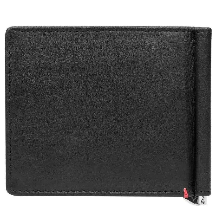 Cartera de cuero negro con diseño de placa metálica en forma de pica Cartera de cuero negro con diseño de placa metálica en forma de pica