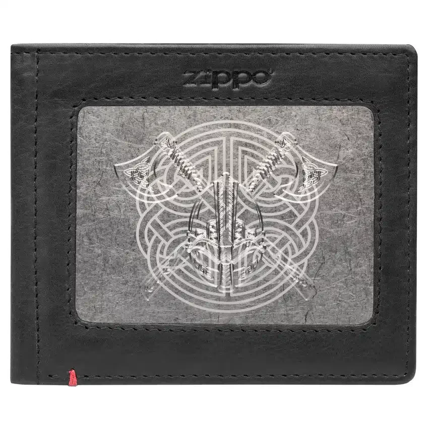 Cartera de cuero negro con diseño de placa metálica vikinga Cartera de cuero negro con diseño de placa metálica vikinga