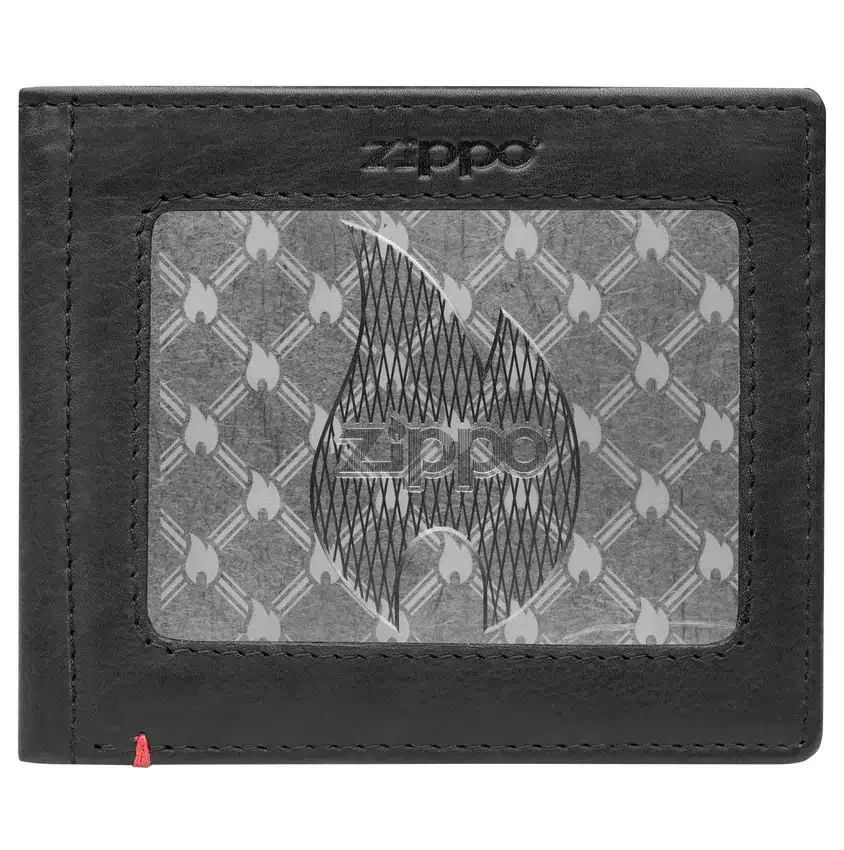 Cartera de cuero negro con diseño de placa metálica «zippo flame» Cartera de cuero negro con diseño de placa metálica «zippo flame»