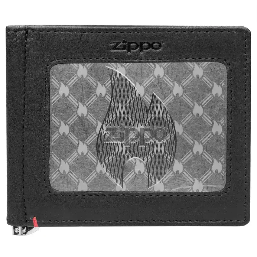 Cartera de cuero negro con diseño de placa metálica «zippo flame» Cartera de cuero negro con diseño de placa metálica «zippo flame»