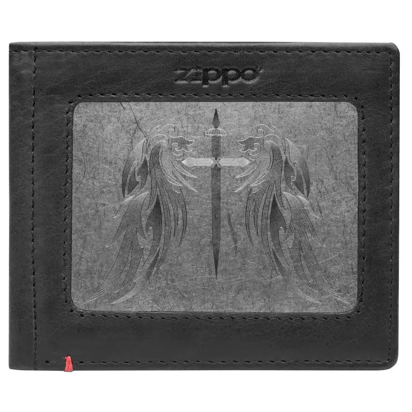 Cartera de cuero negro: diseño con placa metálica «Cross Wings» Cartera de cuero negro: diseño con placa metálica «Cross Wings»