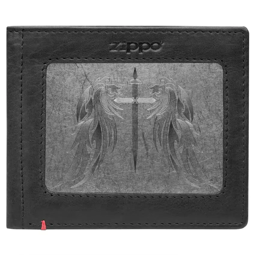 Cartera de cuero negro: diseño con placa metálica «Cross Wings» Cartera de cuero negro: diseño con placa metálica «Cross Wings»