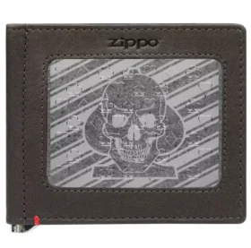 Cartera de piel color moca – Diseño con placa metálica de calavera y pica Cartera de piel color moca – Diseño con placa metálica de calavera y pica