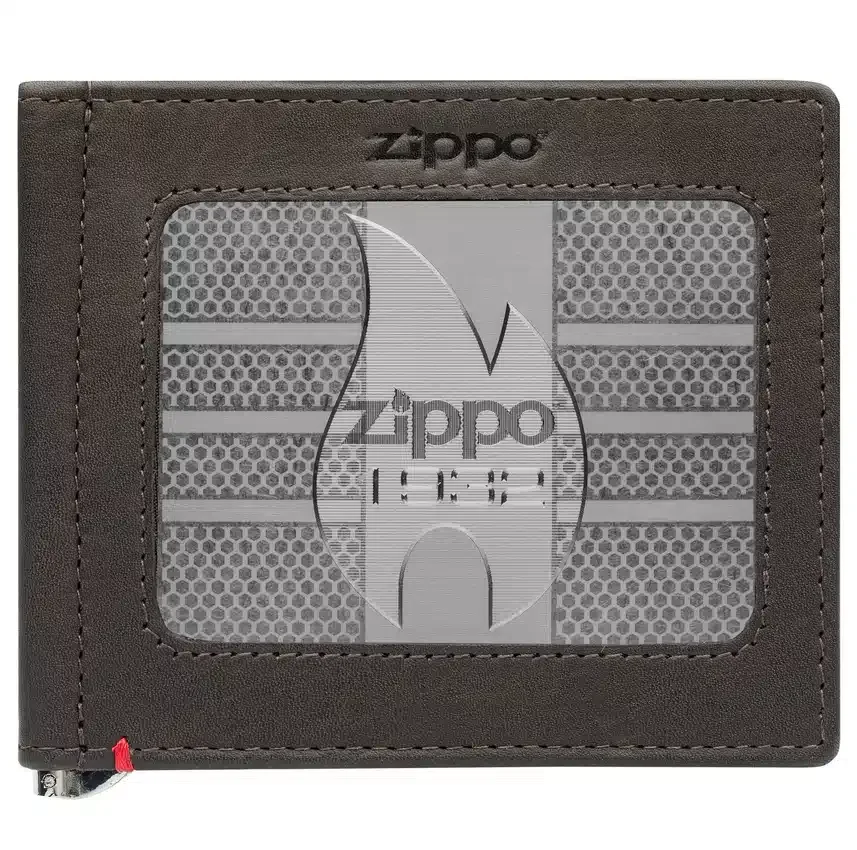 Cartera de piel color moca – Diseño con placa metálica zippo 1932 Cartera de piel color moca – Diseño con placa metálica zippo 1932