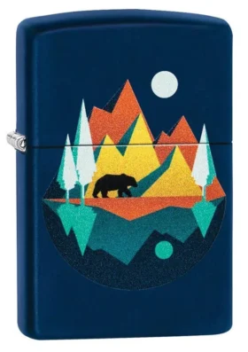 Diseño geométrico de oso y montañas