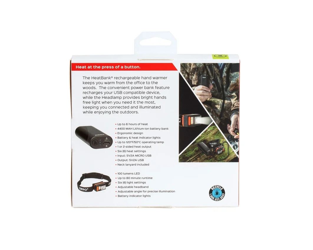 Set de regalo HeatBank® 6: Calientamanos recargables y linterna frontal, color negro Set de regalo HeatBank® 6: Calientamanos recargables y linterna frontal, color negro