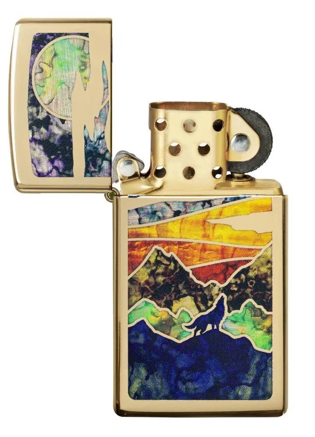 Slim® High Polish Brass con lobo aullando Slim® High Polish Brass con lobo aullando